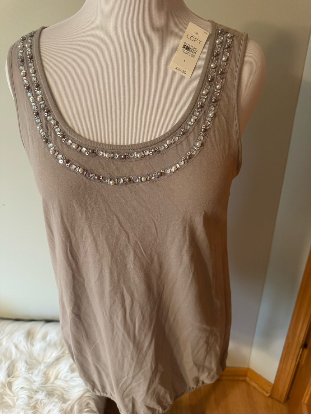 LOFT Beaded Scoop Neck Tank Top - Taupe